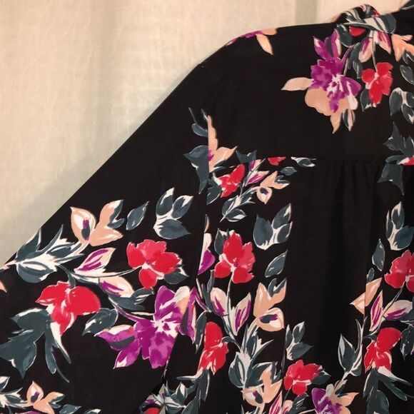 EVRI 2X Black Fuchsia Pink Green Wt Floral Neck Tie Long Sleeve Pullover Blouse - Picture 11 of 14